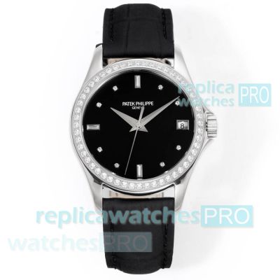 Swiss Replica GR Patek Philippe Calatrava Black Face 37mm Diamond Watch 